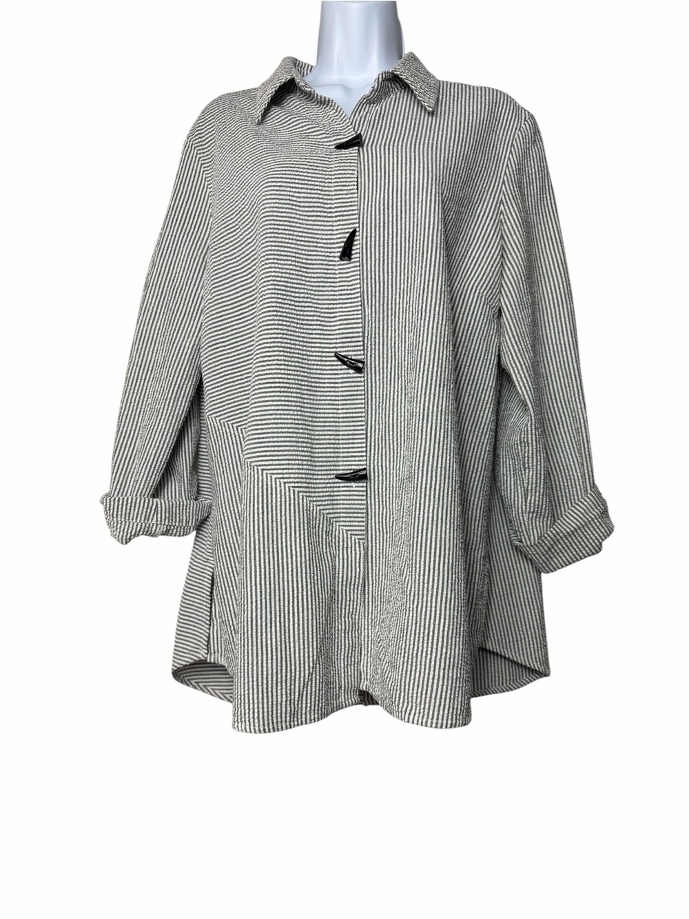 Ali Miles Black & White Striped Button-Front Tunic Jacket